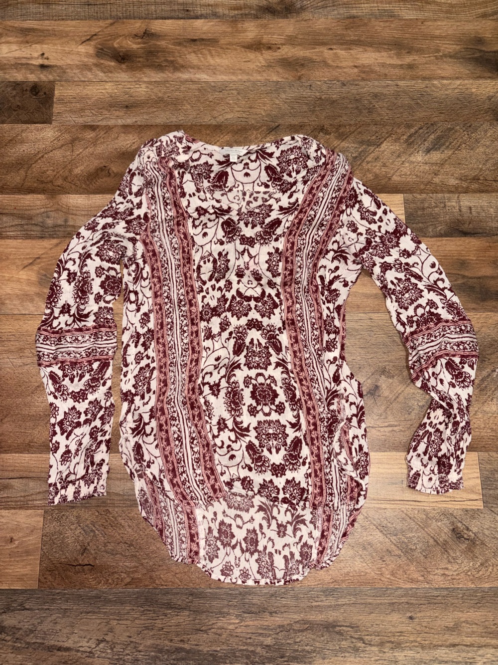 Lucky Brand Cream and Burgundy Floral Long Sleeve Blouse